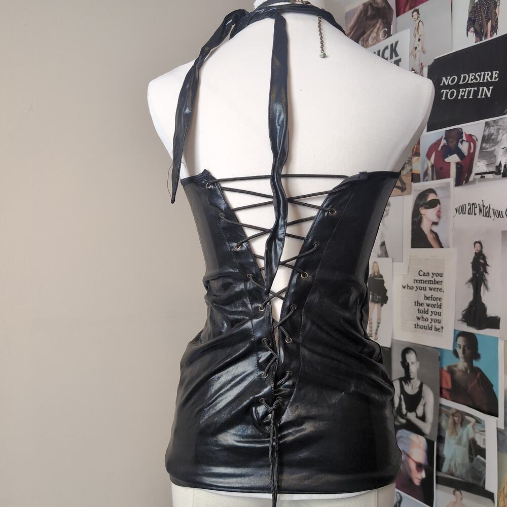 Black Faux Leather Halter Top With Lace Up Back - Picture 2 of 6